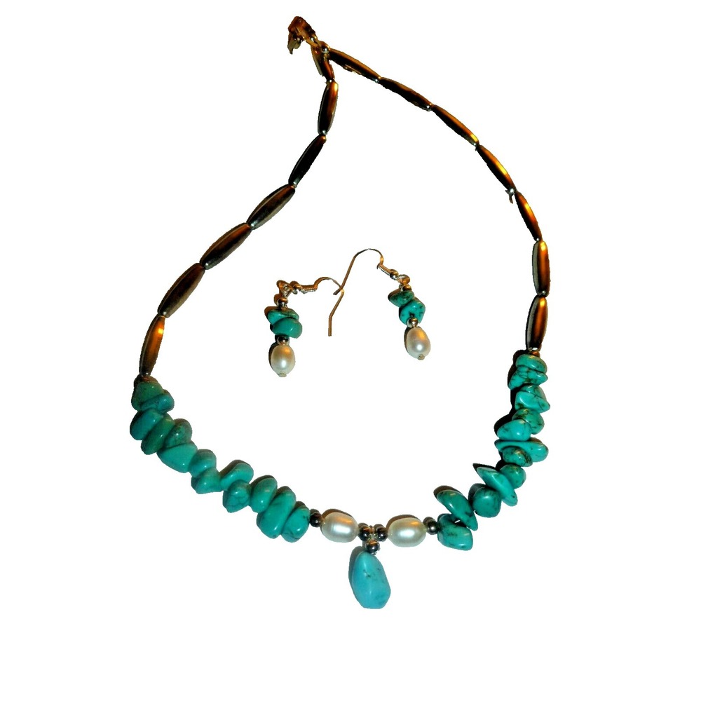 Turquoise Chip and Pearl Necklace and Earring Set Silver Tone Southwestern Boho